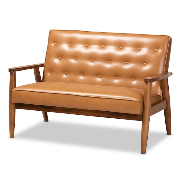 Baxton Studio Sorrento Mid-Century Modern Tan Faux Leather and Walnut Brown Finished Wood Loveseat 175-10978-Zoro - main